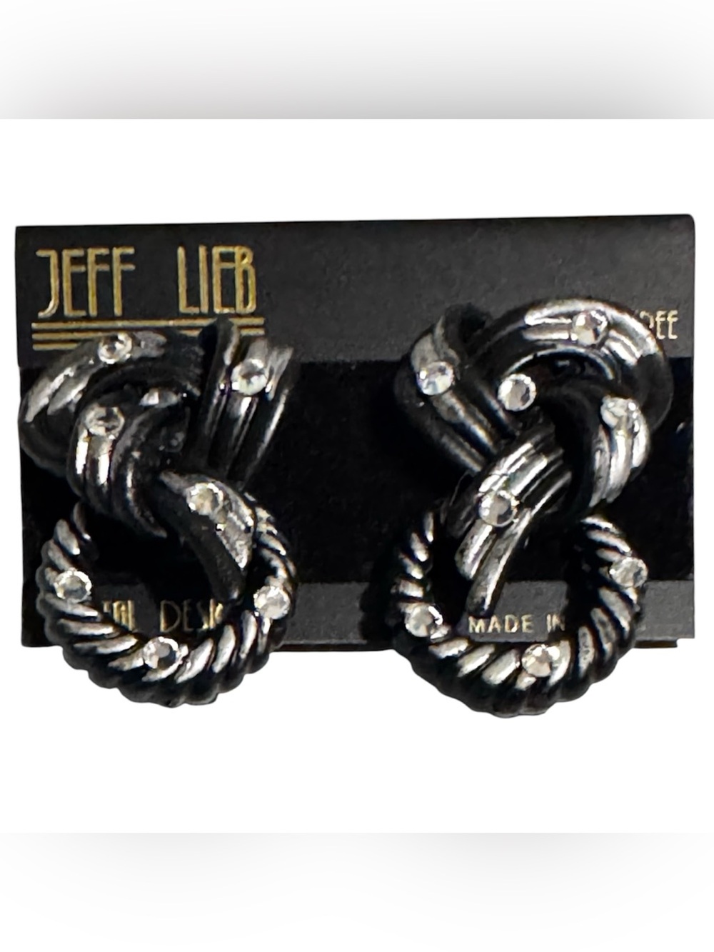 Vintage Jeff‎ Lieb Rhinestone Knot Clip On Earrings Silver Tone Rope Design NOS